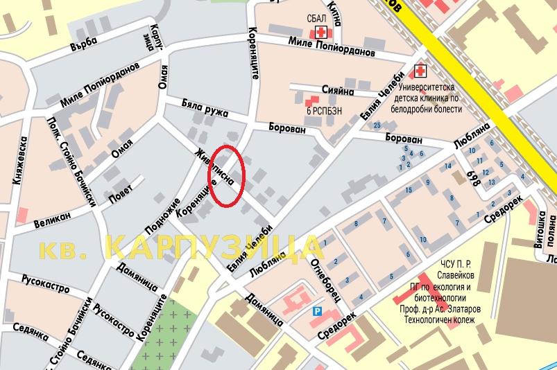 Карта на кв. Карпузица, кръстовището на ул. Живописна и ул. Кореняците