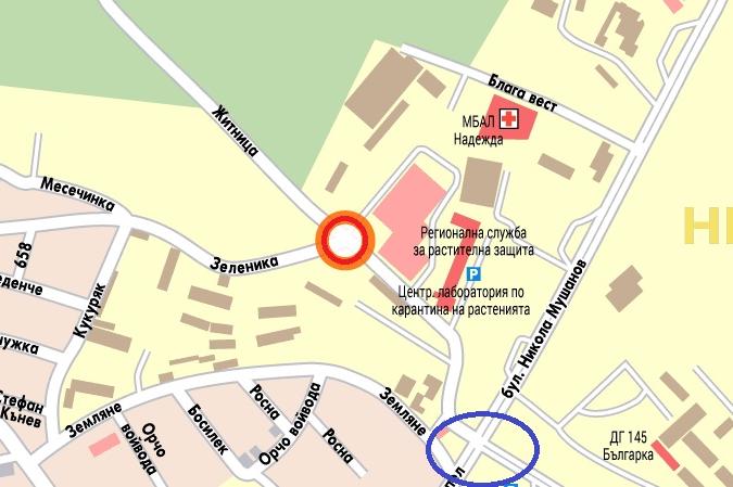 Карта на кръстовището на ул. Житница и ул. Мушанов в Овча купел
