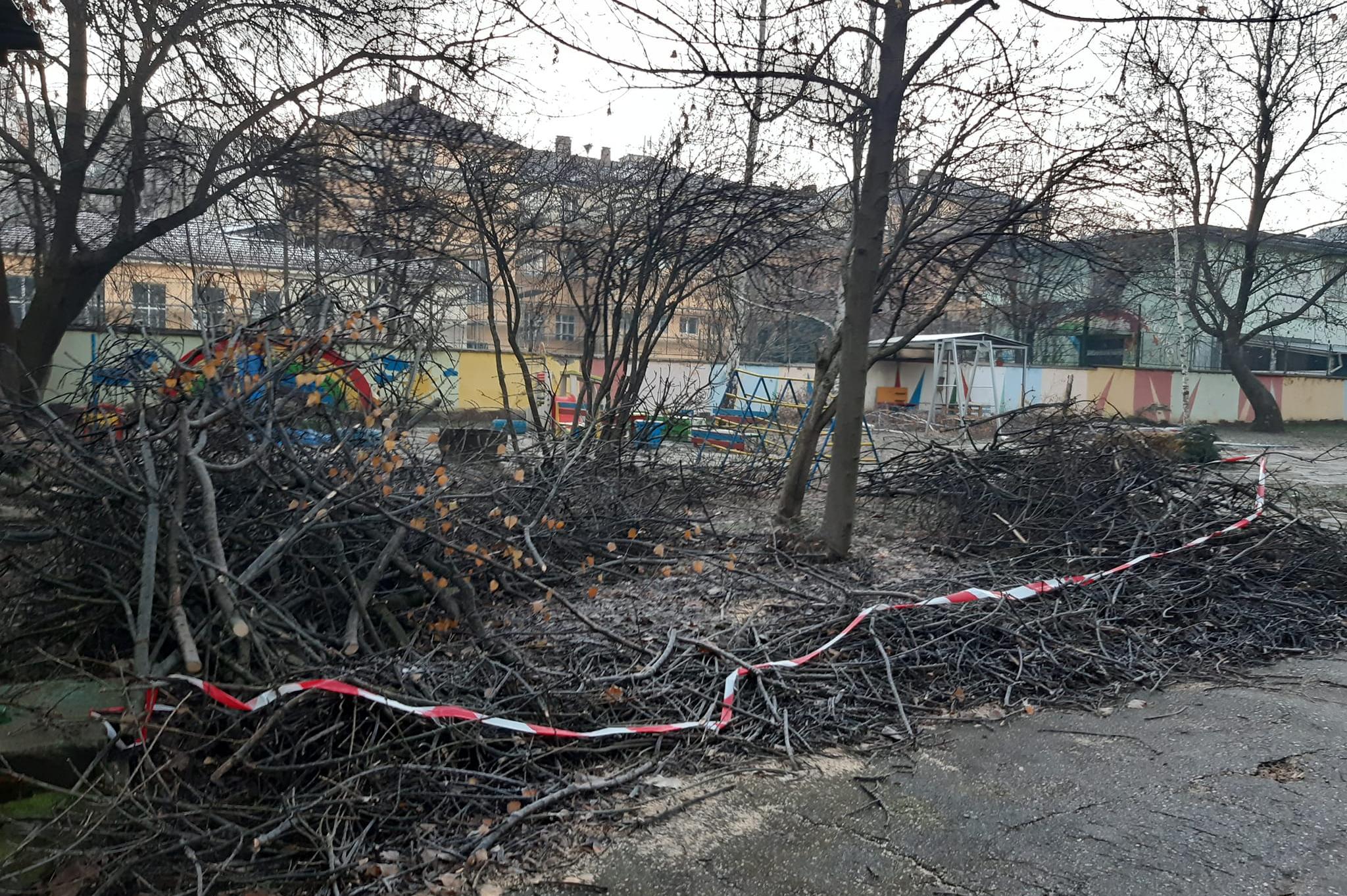 Паднали клони затрупват двора на  детска градина в столичния Подуяне (СНИМК